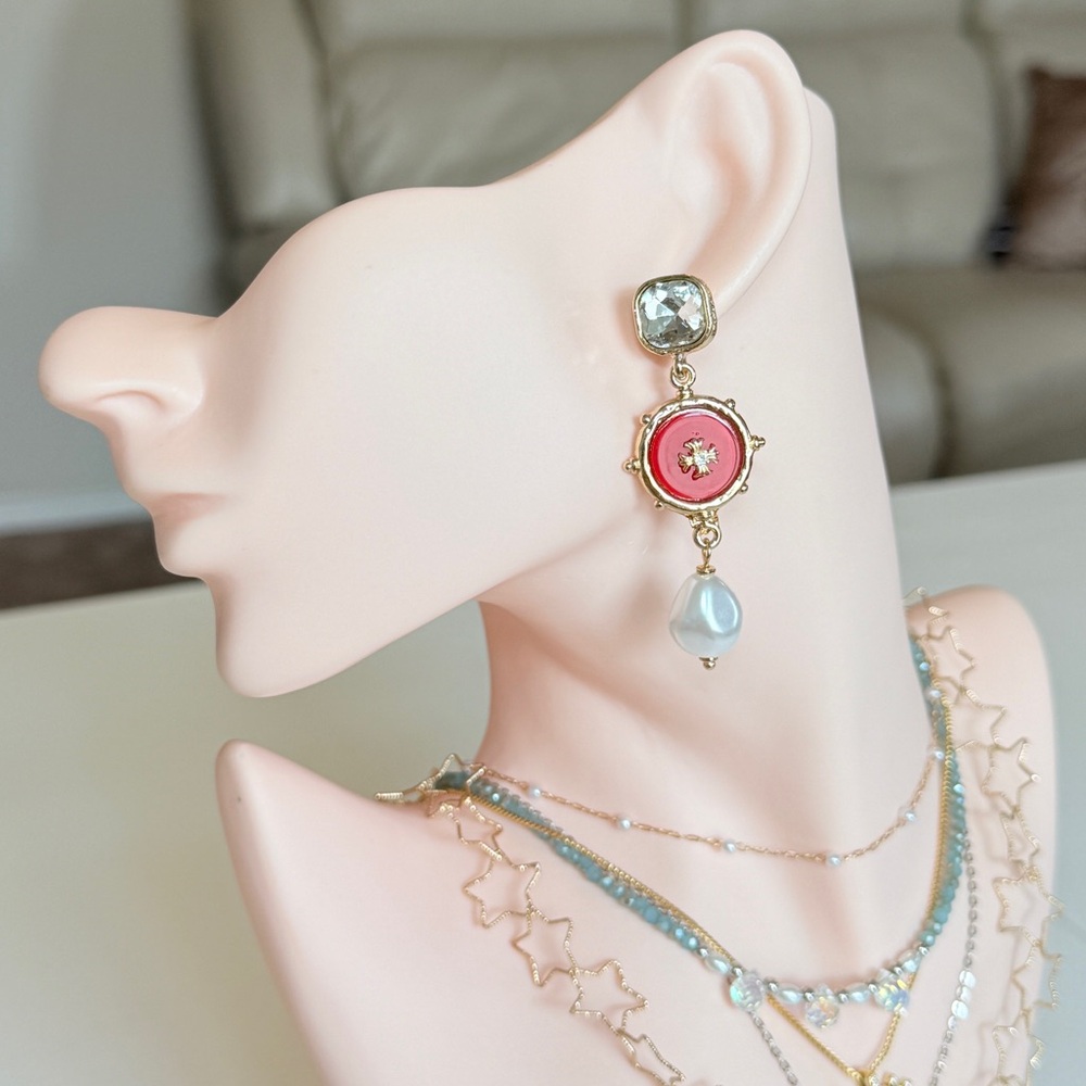Gold-Tone Pink Enamel Drop Earrings with Pearl Accent